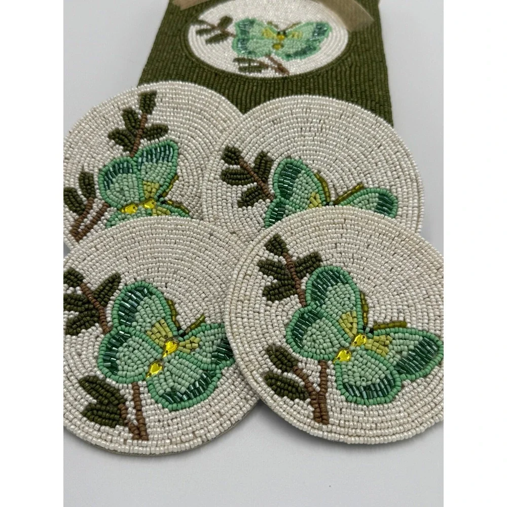 Green Butterfly Hand Beaded Coaster Set of 4 with Matching Beaded Storage Box